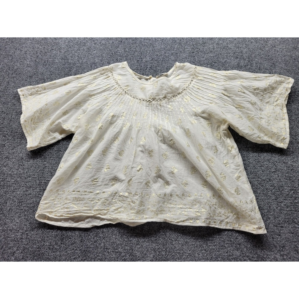LoveShackFancy White Gold Foil Floral Pintuck Cotton Blouse Top Womens Medium